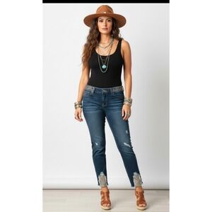 Signature Studio Womens 14 Distressed Tapestry Trim Skinny Jeans Boho Dark Wash